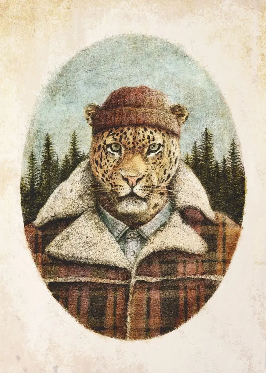 Illustration of a leopard wearing a hat and plaid jacket with a forest background