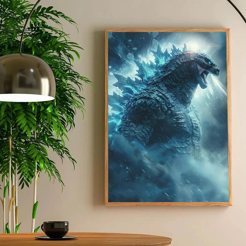 Framed artwork of a dragon-like creature on a wall next to a plant and table with a cup.