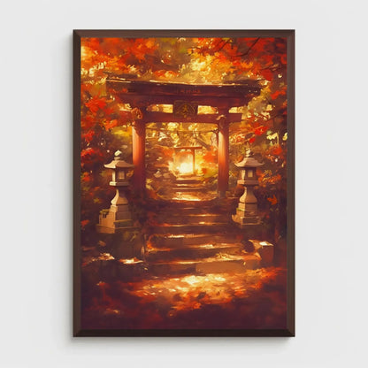 Framed artwork of a Torii gate surrounded by autumn leaves on a white background