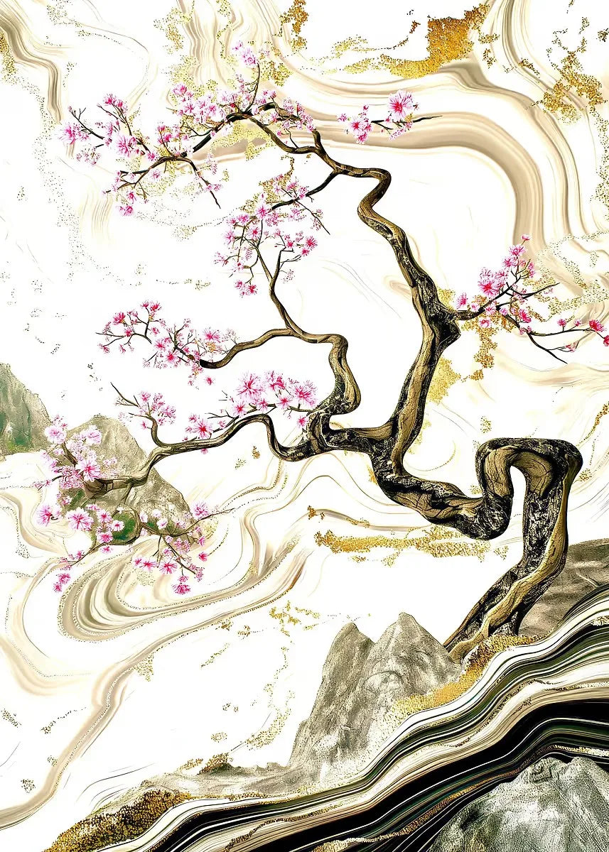 Artistic depiction of a tree with pink blossoms on a stylized mountain background