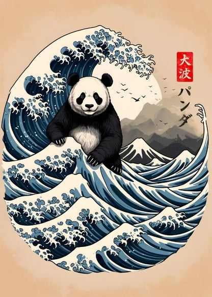 Panda bear in a wave with Mount Fuji and Japanese text on a beige background