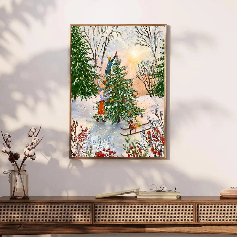 Framed artwork of a winter scene with people and trees on a wall above a wooden console table.