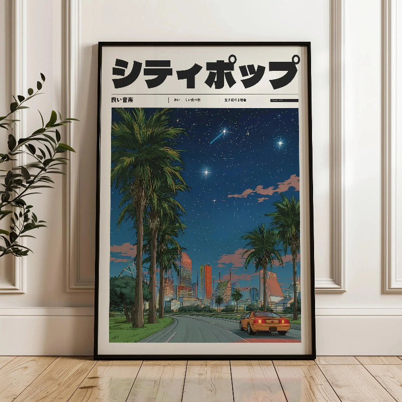 Framed poster of a cityscape with palm trees and a comet in the sky, displayed on a wall.