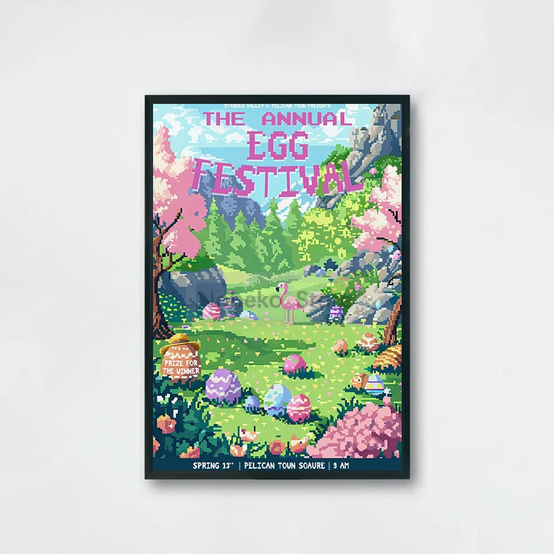 Framed poster for 'The Annual Egg Festival' with a colorful illustration of a garden scene.
