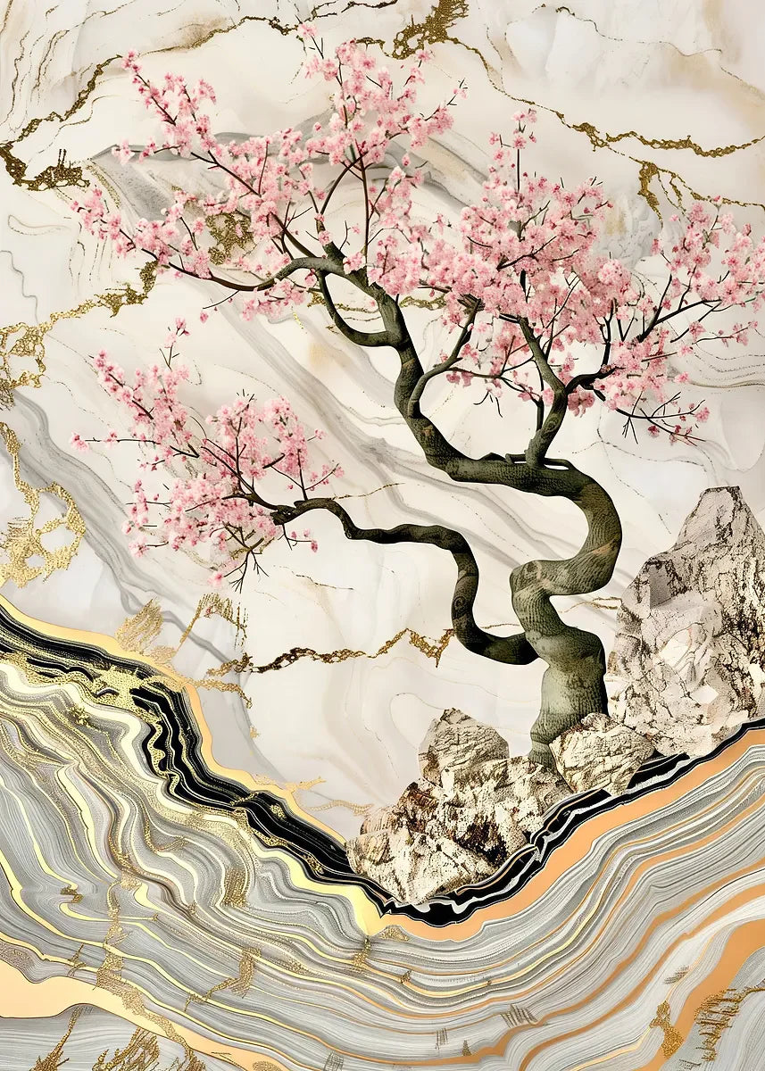 Decorative design with cherry blossom tree on a marble-like background