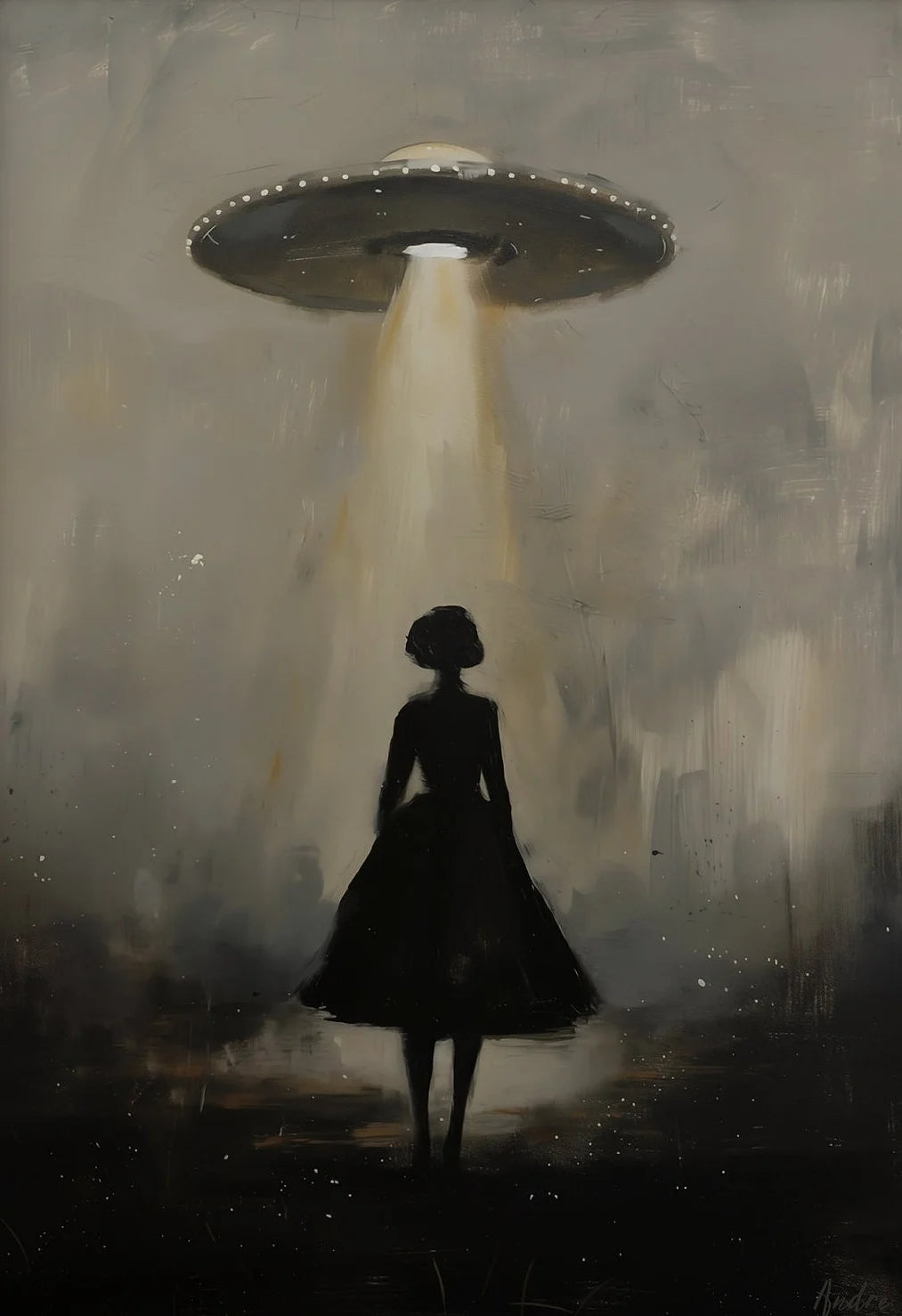Silhouette of a person in a dark dress under a UFO in a misty landscape