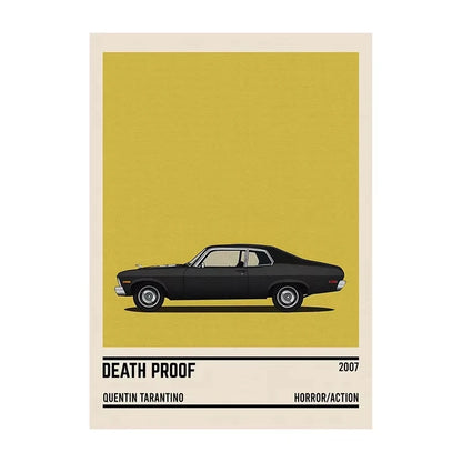 Poster of a black car with 'Death Proof' text on a yellow background