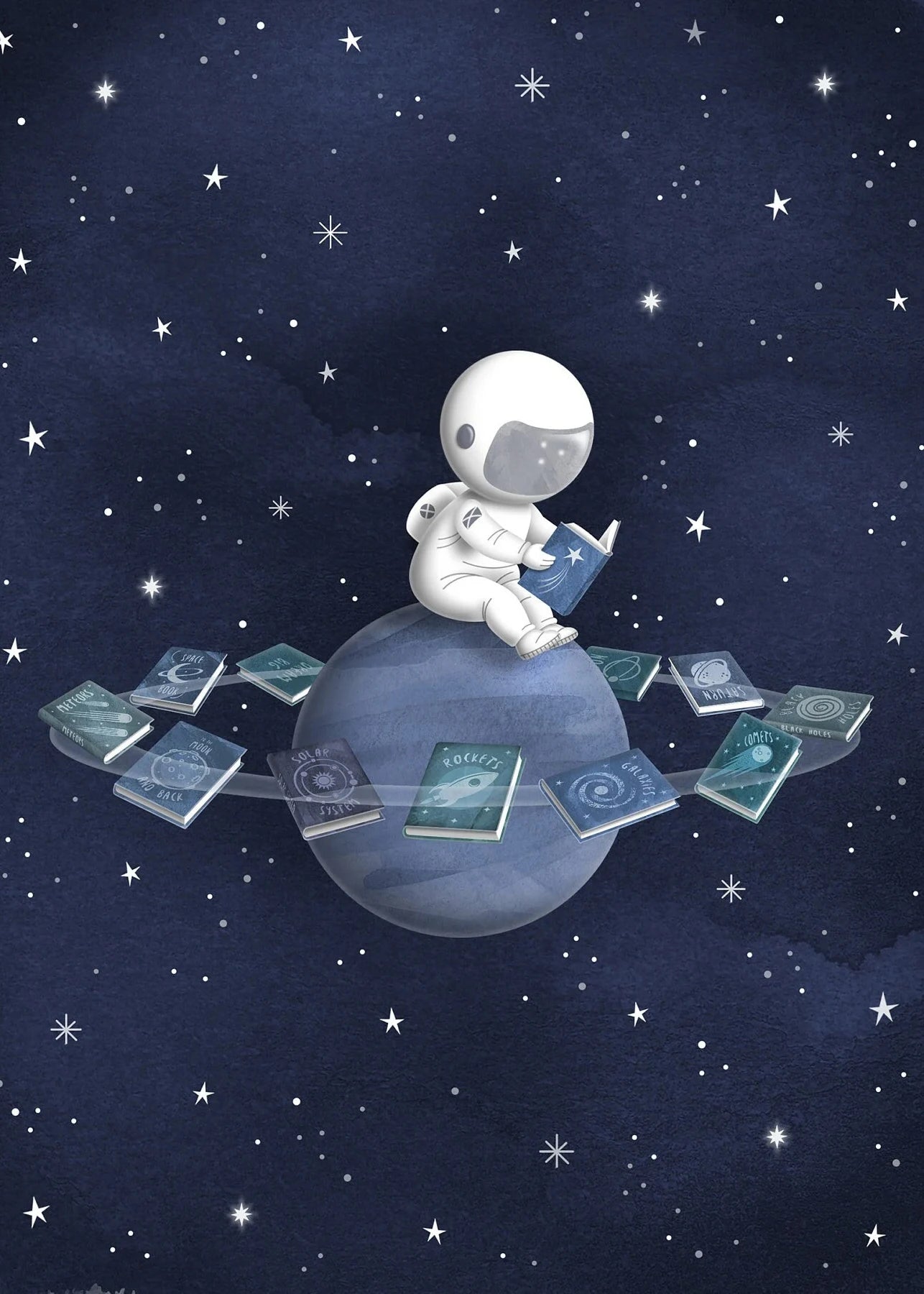 Illustration of an astronaut reading a book on a planet with starry background