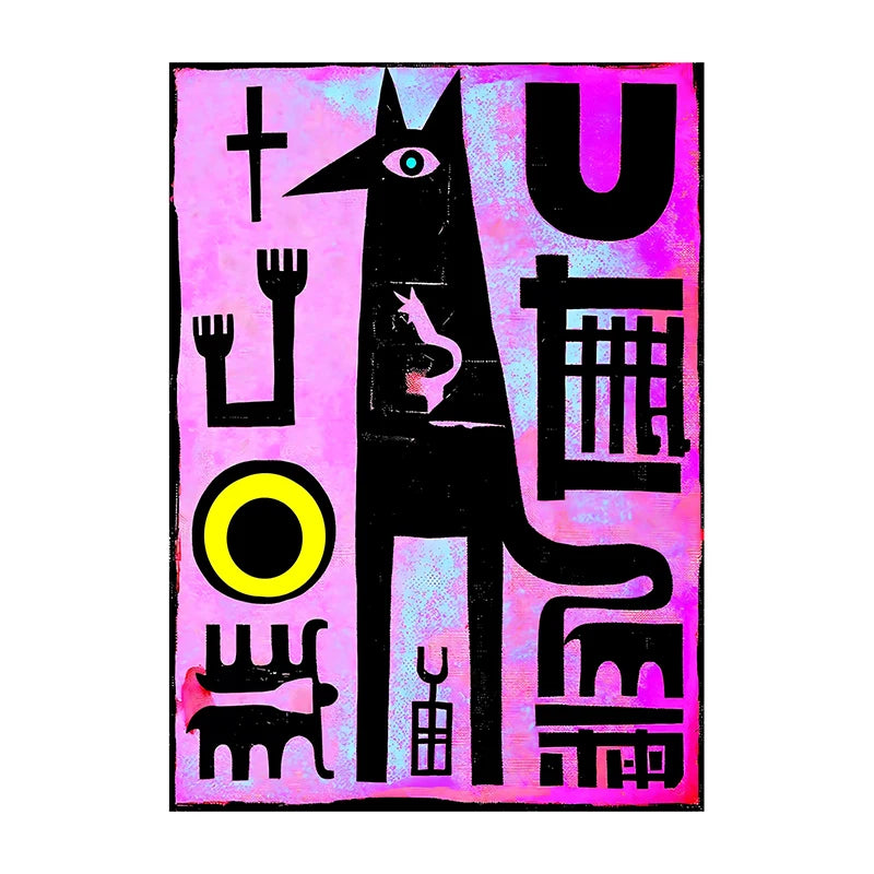 Abstract art with black silhouette of a figure on a pink and purple background