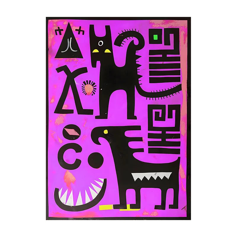 Abstract art print with black shapes on a pink background