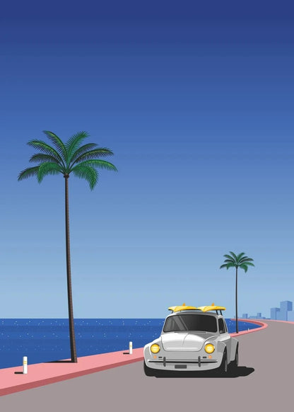 Vintage car with a surfboard on a road by the ocean with palm trees