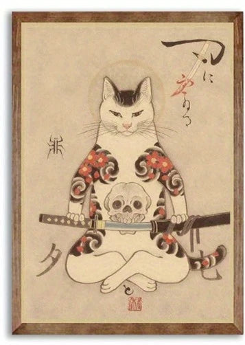Cat with tattoo-like designs holding a sword on a beige background