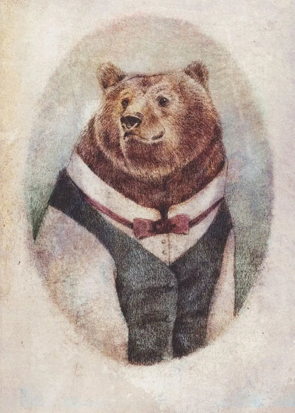 Illustration of a bear wearing a sweater with a bow tie on a light background
