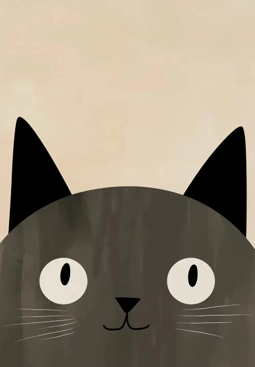 Illustration of a cat's face with large eyes and a small nose on a beige background