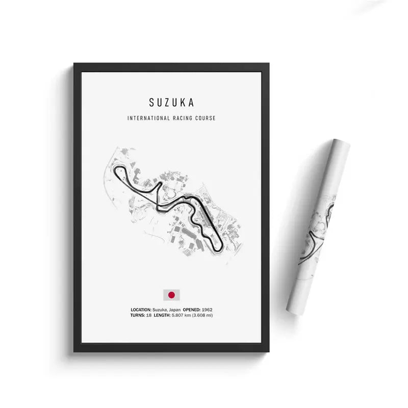 Framed poster of Suzuka International Racing Course with a white pen on a white background