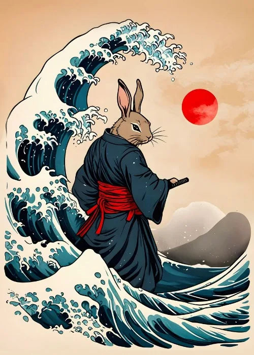 Rabbit in a kimono standing on a wave with a red sun in the background