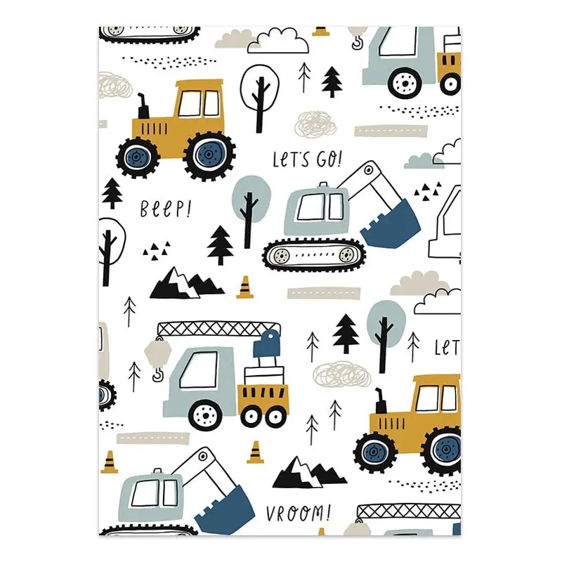 Patterned paper with construction vehicles and nature elements on a white background