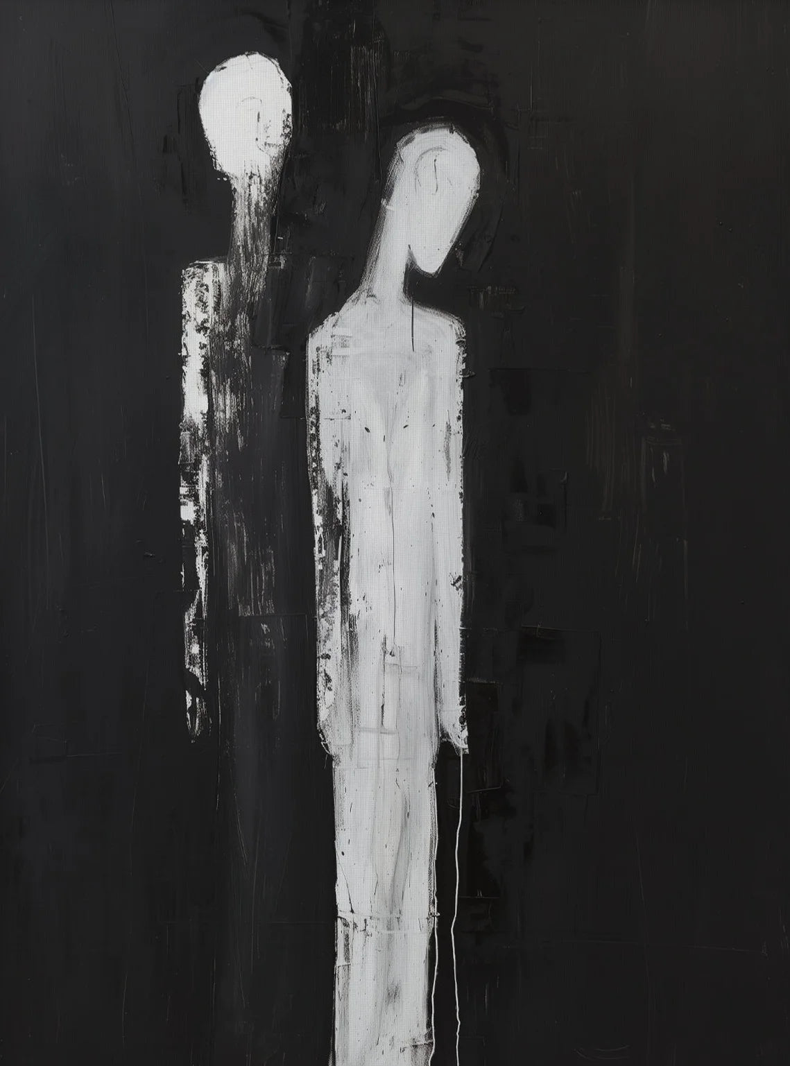 Abstract black and white artwork with two humanoid figures on a dark background