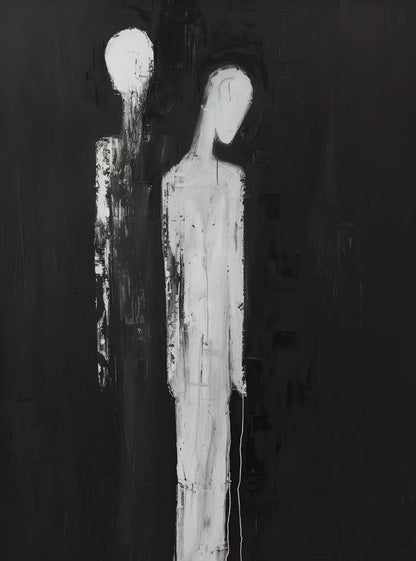Abstract black and white artwork with two humanoid figures on a dark background