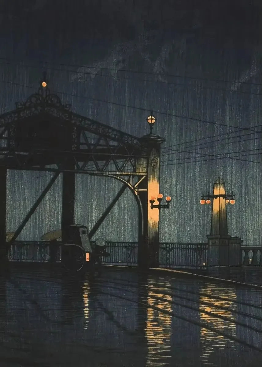 Dark, rainy night scene with a bridge and streetlights.
