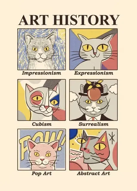 Poster of cats in various art movements with text above.
