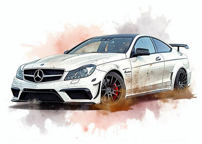 White Mercedes-Benz car with black rims on a colorful abstract background