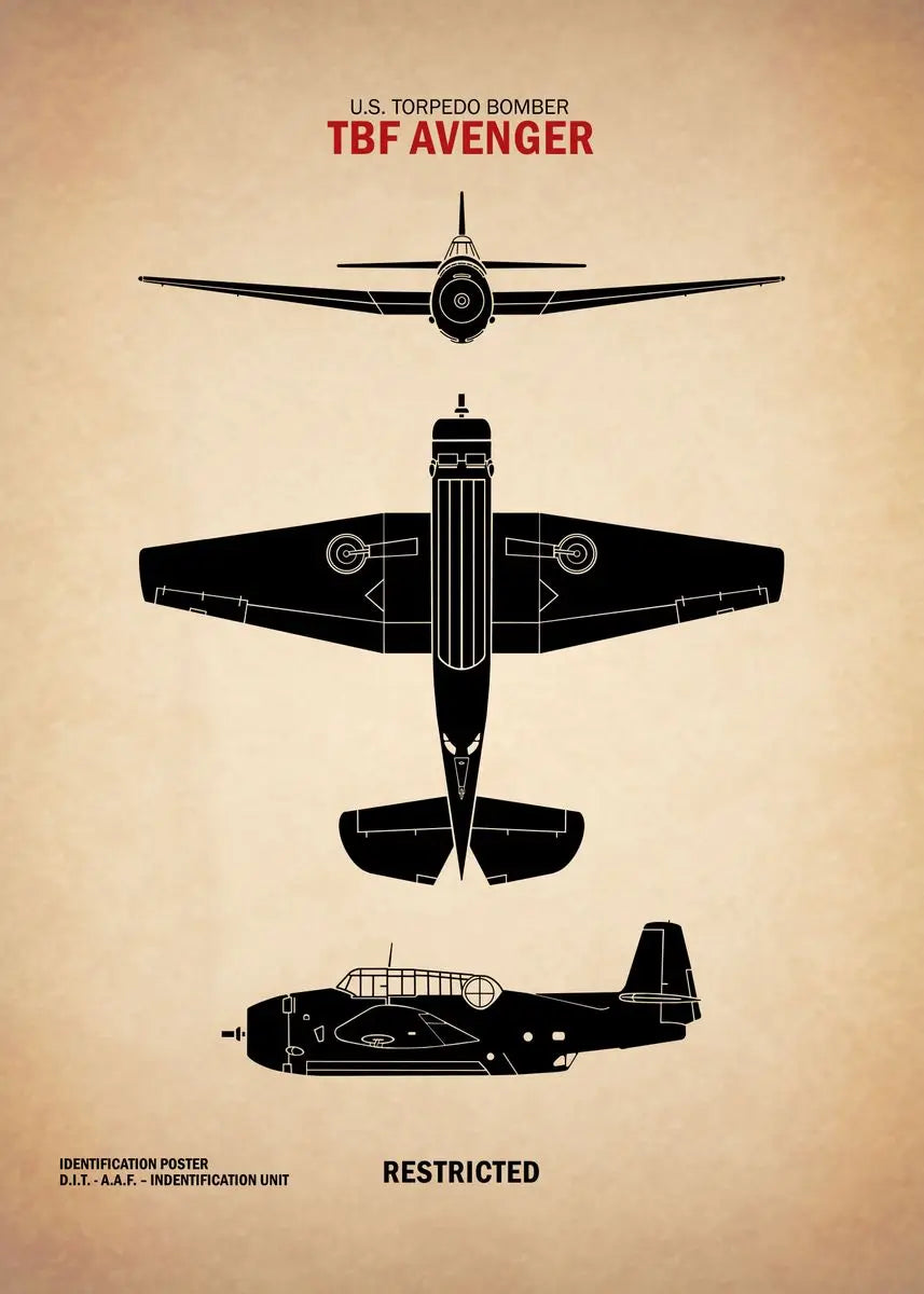Diagram of a U.S. Torpedo Bomber TBF Avenger on a beige background