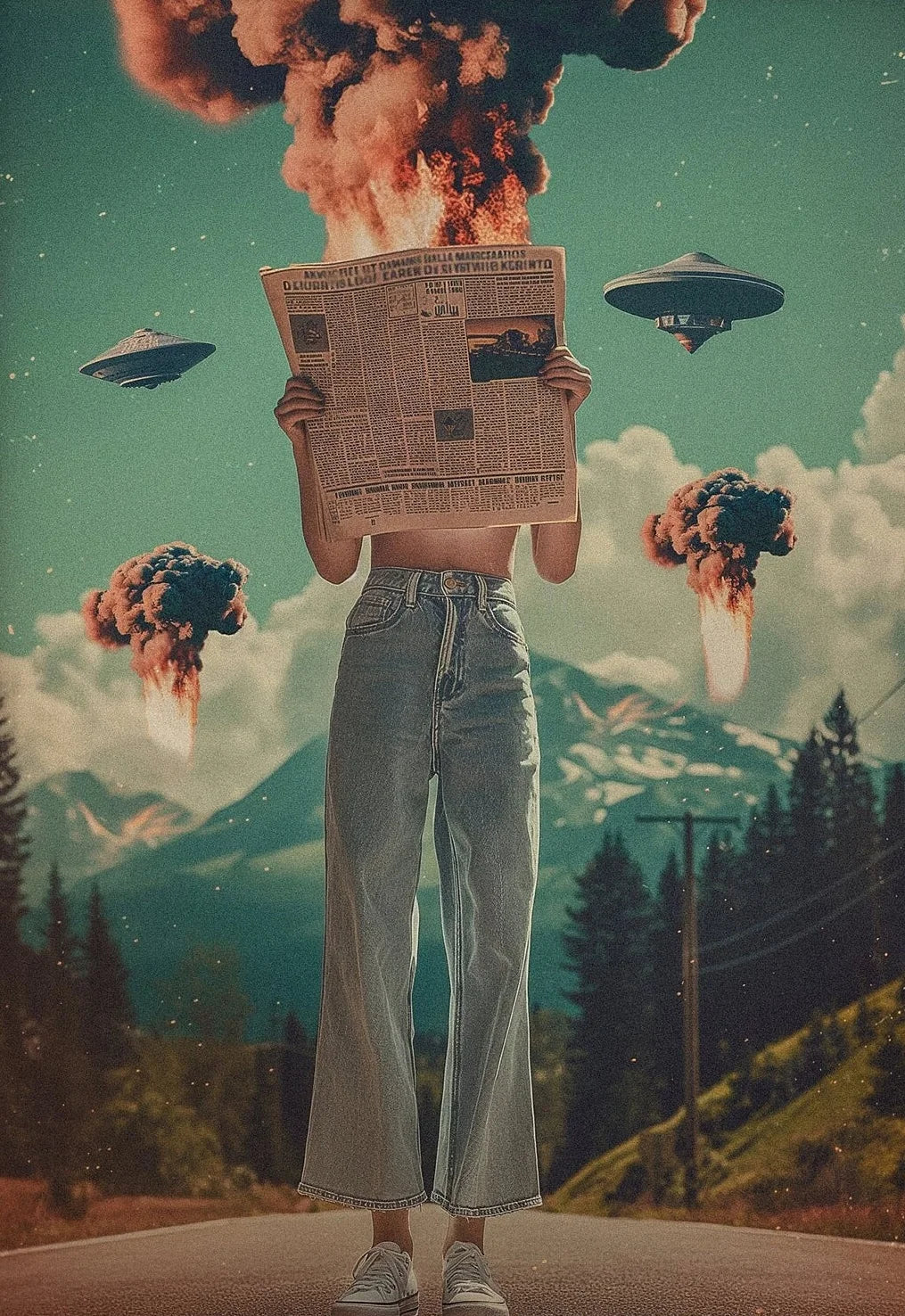 Person holding a newspaper with a mountainous landscape and flying saucers in the background