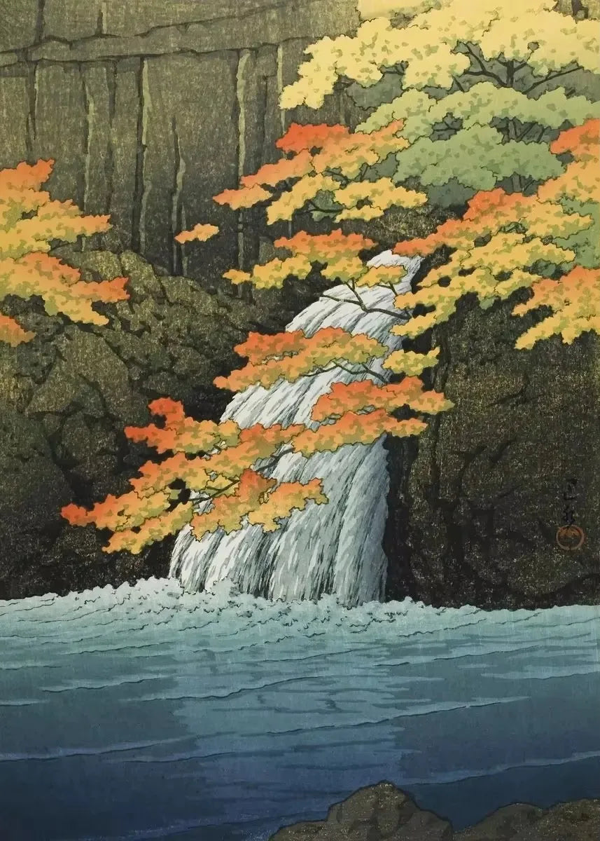 Traditional Japanese woodblock print of a waterfall surrounded by autumn foliage.