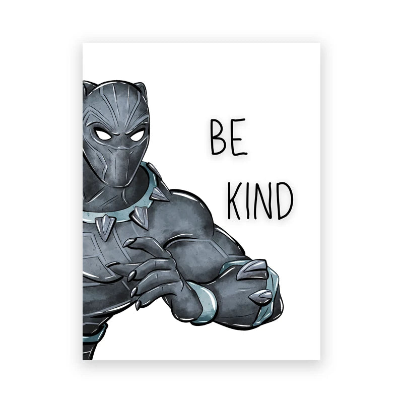 Black Panther character with 'Be Kind' text on a white background