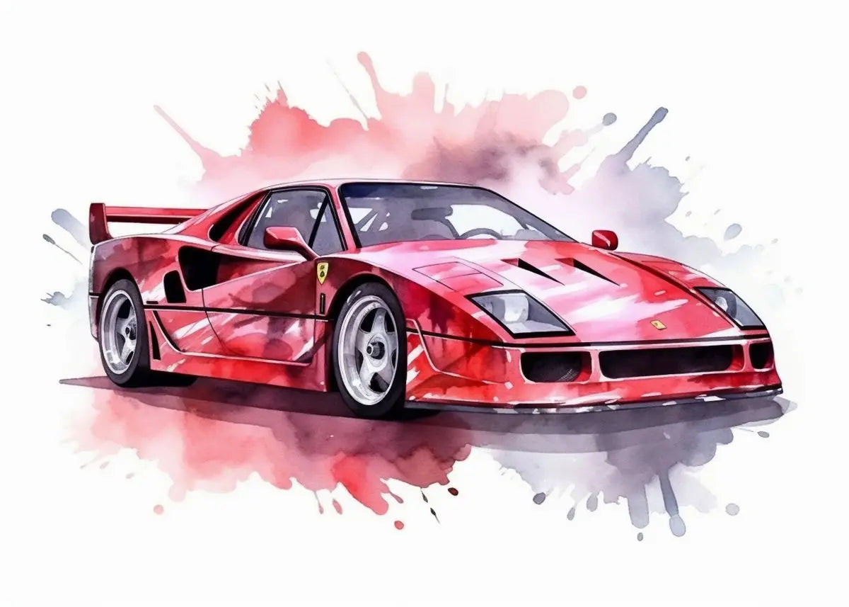 Artistic illustration of a red sports car on a white background with watercolor effects.