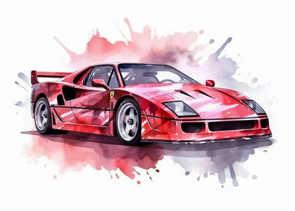 Artistic illustration of a red sports car on a white background with watercolor effects.