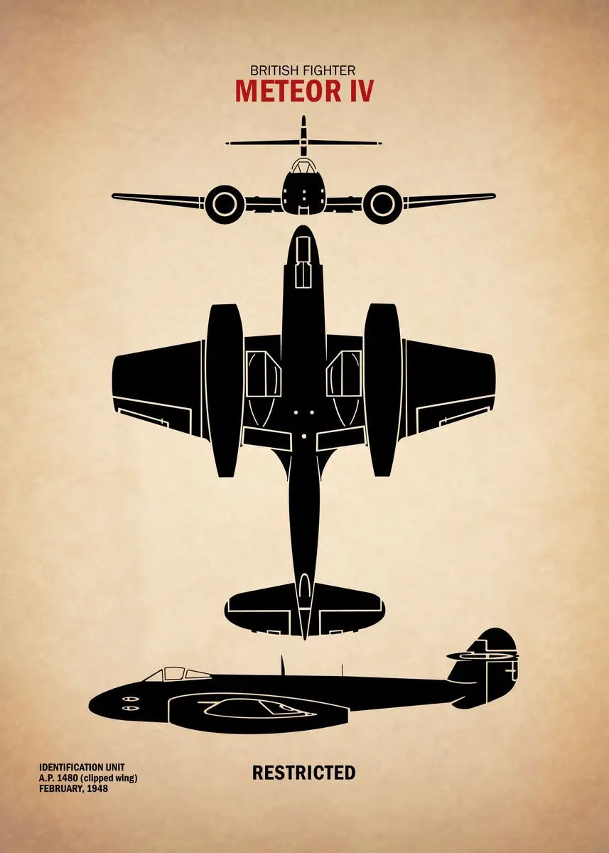 Silhouette of a Meteor IV British fighter plane on a beige background
