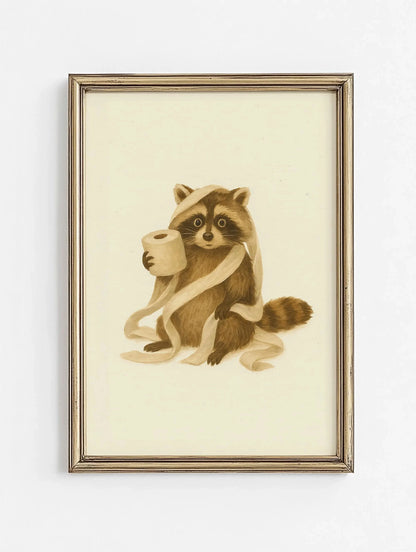 Framed artwork of a raccoon holding a coffee cup on a beige background