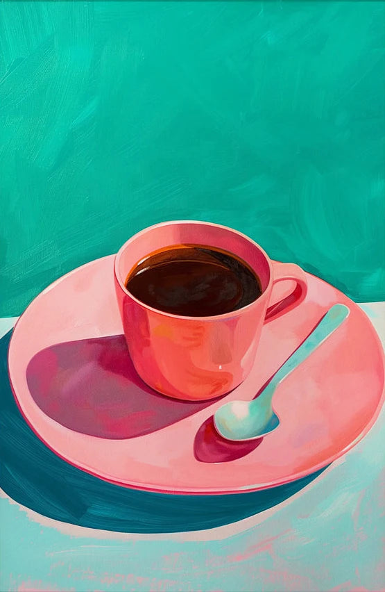 Pink coffee cup and saucer with a spoon on a teal background