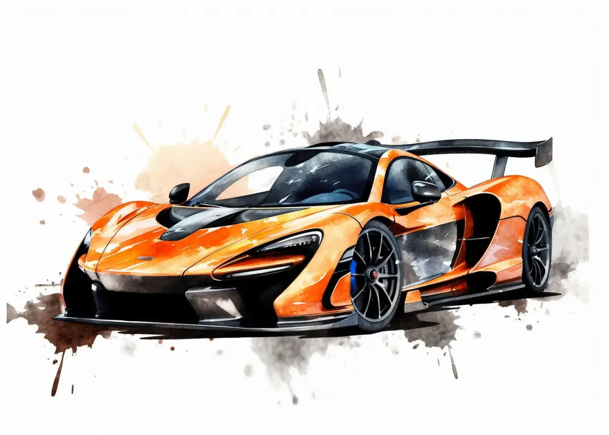 Orange sports car with artistic watercolor background