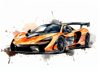 Orange sports car with artistic watercolor background