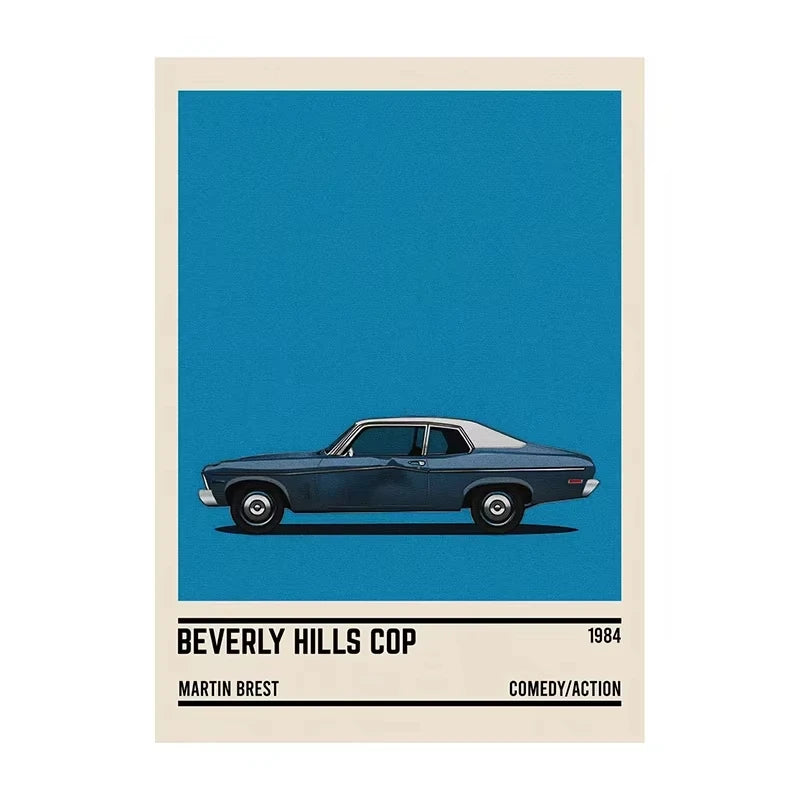 Poster of a classic car with 'Beverly Hills Cop' text on a blue background