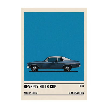Poster of a classic car with 'Beverly Hills Cop' text on a blue background