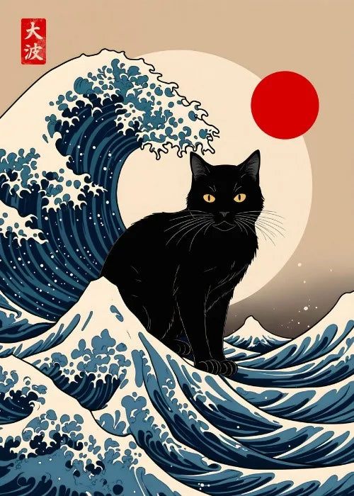 Black cat on a wave with a red sun and Japanese text in the background