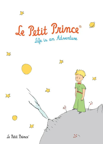 Cover of 'Le Petit Prince' with a child on a rock, stars, and sun.