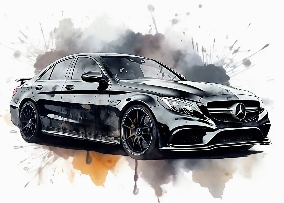 Black Mercedes-Benz car on a artistic watercolor background
