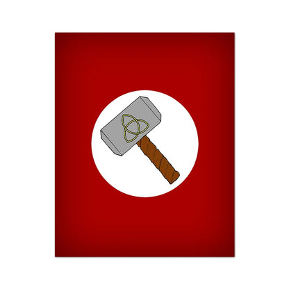 Illustration of a hammer with a symbol on a red background