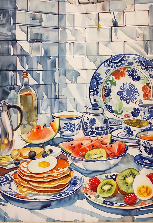 Colorful painting of a breakfast scene with pancakes, fruit, and teacup on a tiled wall background.