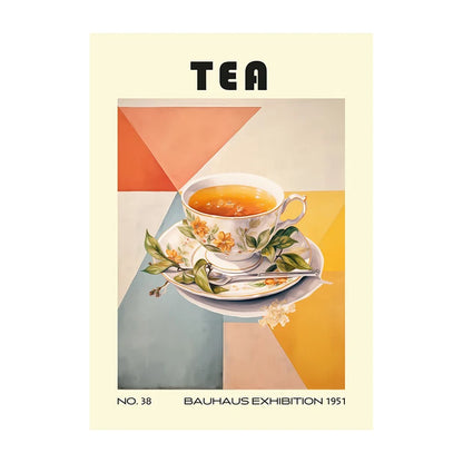 Tea-themed poster with a cup of tea and floral design, featuring the text 'TEA' and 'Bauhaus Exhibition 1931'.