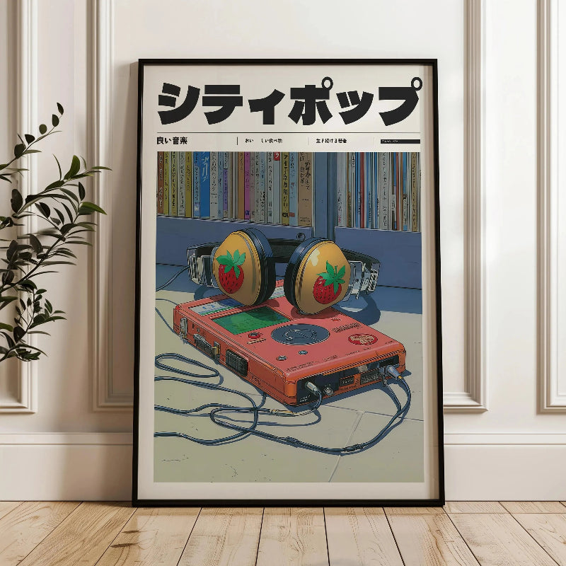 Framed poster of a retro cassette player with Japanese text on a wall.