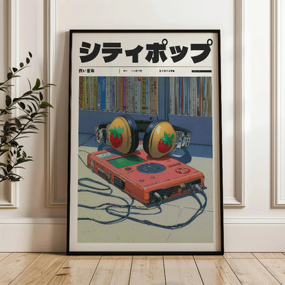 Framed poster of a retro cassette player with Japanese text on a wall.
