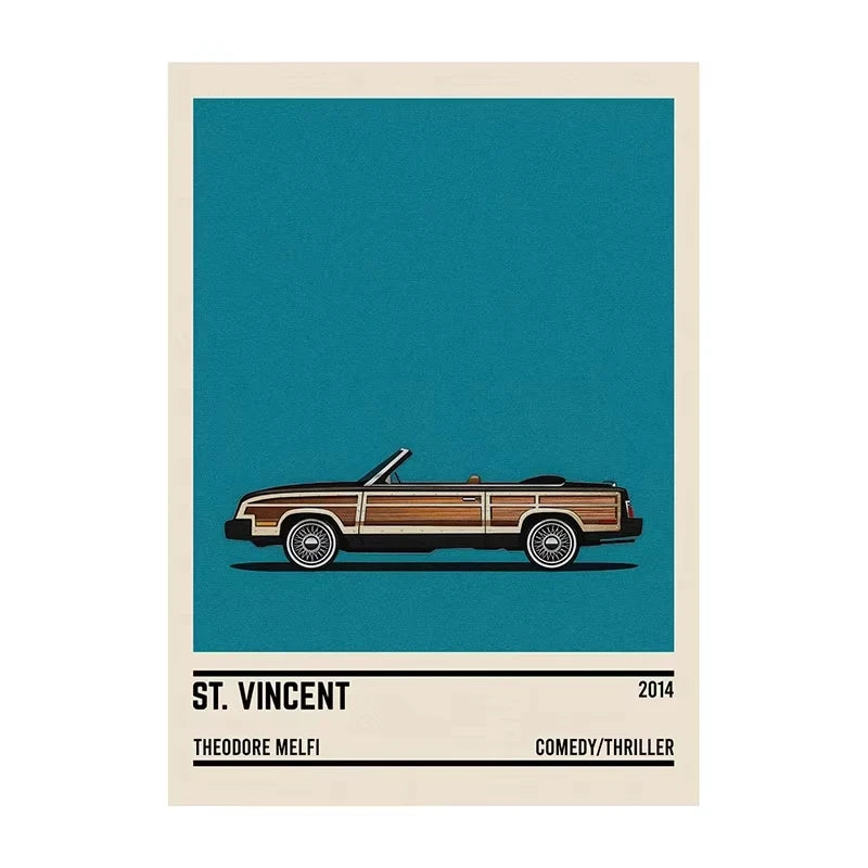 Poster of a classic car with 'St. Vincent' movie information on a blue and beige background
