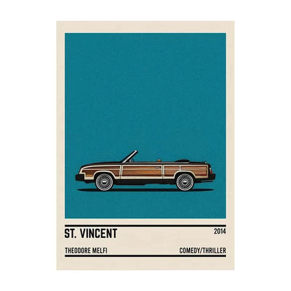 Poster of a classic car with 'St. Vincent' movie information on a blue and beige background