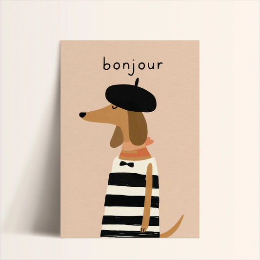 Illustration of a dog wearing a beret and striped shirt with 'bonjour' text on a beige background Canvas & Curio